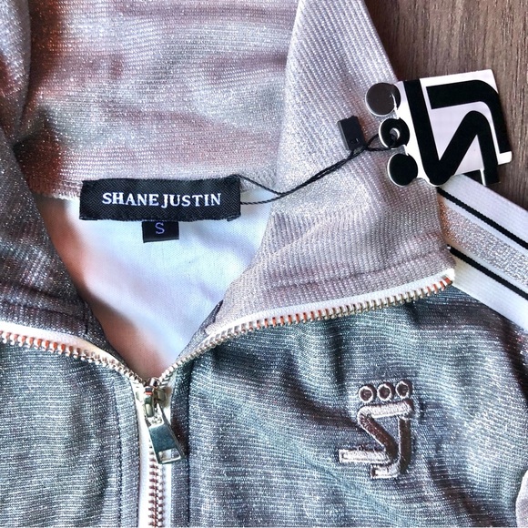 Shane Justin Silver Sparkle Cropped Track Jacket Zip Up Size Small Long Sleeve - Picture 2 of 9